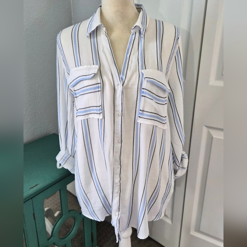 Perch by Blu Pepper Anthropologie Striped Button Down Blouse Blue White High Low